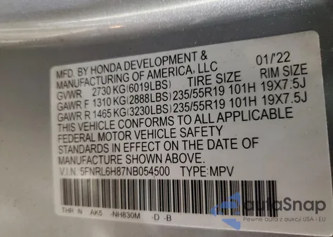 2022 Honda Odyssey Touring from USA, damaged, VIN 5FNRL6H87NB054500